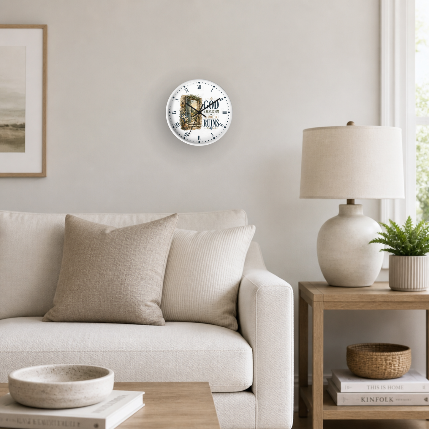 Inspirational Wall Clock — “God Makes Room Beyond the Ruins” Rustic Faith Home Decor