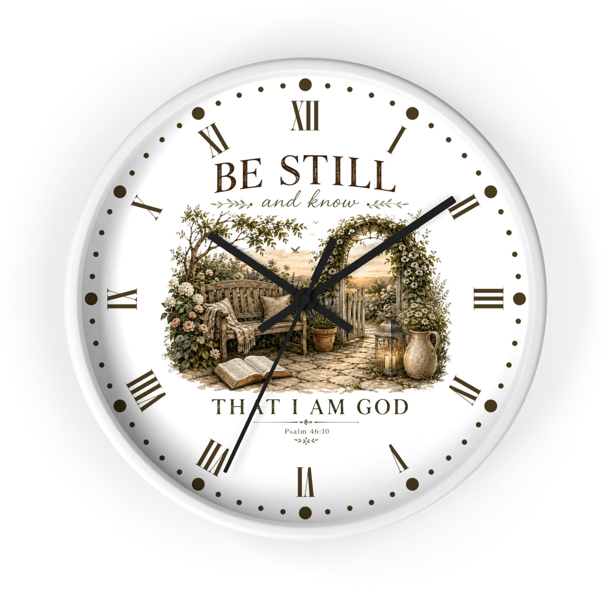 A round wall clock with a white face, black Roman numerals, and black hands. The center features a vintage-style illustration of a garden scene with an open book, flowers, and stone walls, surrounded by the words 'BE STILL and know THAT I AM GOD' and 'Psalm 46:10 NIV'.