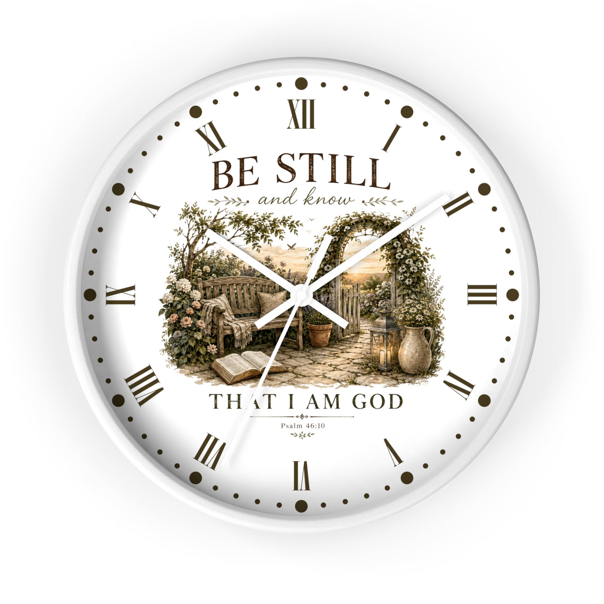 A round white wall clock with Roman numerals and a central scenic illustration of a garden bench and open book, surrounded by the words 'BE STILL and know THAT I AM GOD' and 'Psalm 46:10 NIV'.