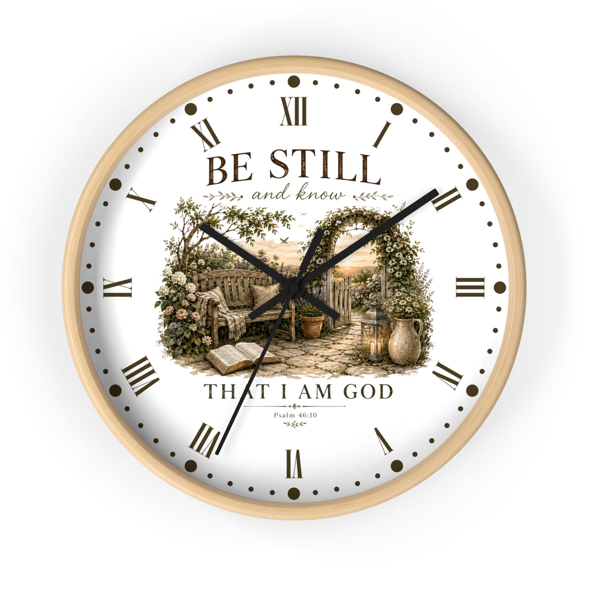 A round wall clock with a white face, black Roman numerals, and black hands. The center features a vintage-style illustration of a garden scene with an open book, flowers, and stone walls, surrounded by the words 'BE STILL and know THAT I AM GOD' and 'Psalm 46:10 NIV'.
