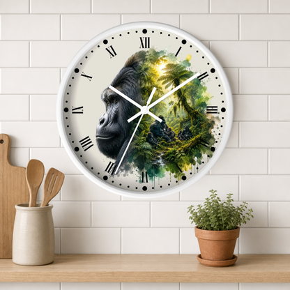 A round wall clock with a white frame hangs on a white subway-tile wall above a wooden shelf. The clock face features a detailed illustration of a gorilla's face merging into a lush green jungle scene with a bright sunburst.