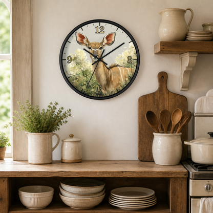A round wall clock with a black frame hangs on a beige wall in a rustic kitchen setting. The clock face features a detailed illustration of a deer in a sunlit field, with black Arabic numerals and black clock hands.