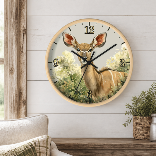 A round wall clock with a light wood frame hangs on a white shiplap wall above a wooden table. The clock face features a detailed illustration of a Kudu deer standing in a field of white flowers.