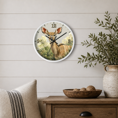 A round wall clock with a white frame and a deer illustration on the face, mounted on a light wood shiplap wall above a wooden side table with a bowl and a vase of greenery.