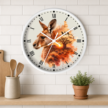 A round wall clock with a white frame and Roman numerals, featuring a kangaroo illustration over an orange autumn landscape. The clock is mounted on a white subway tile wall above a wooden shelf with a small potted plant and wooden utensils.