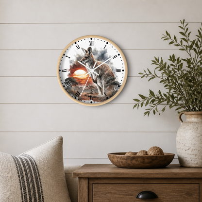 A round wall clock with a light wood frame hangs on a white shiplap wall above a wooden side table. The clock face features a detailed illustration of a kangaroo standing in front of a dramatic sunset, with black Roman numerals and white clock hands.