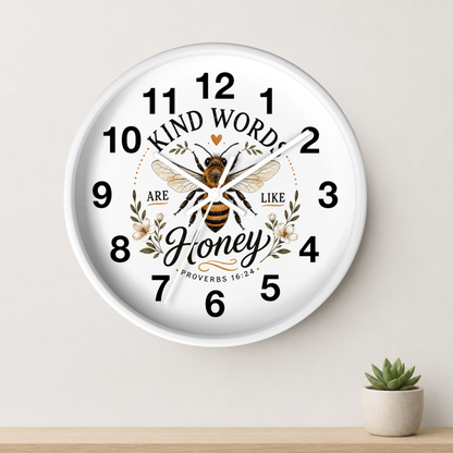 A round white wall clock with a printed bee and floral design, surrounded by the words 'KIND WORDS ARE LIKE Honey PROVERBS 16:24'. The clock is mounted on a light beige wall above a wooden shelf with a small potted succulent.