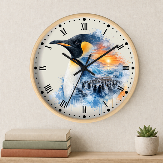 A round wall clock with a light wood frame hangs on a beige wall above a shelf with stacked books and a small potted succulent. The clock face features a watercolor-style penguin illustration over blue, white, and orange water/sky tones, with black Roman numerals and hands.