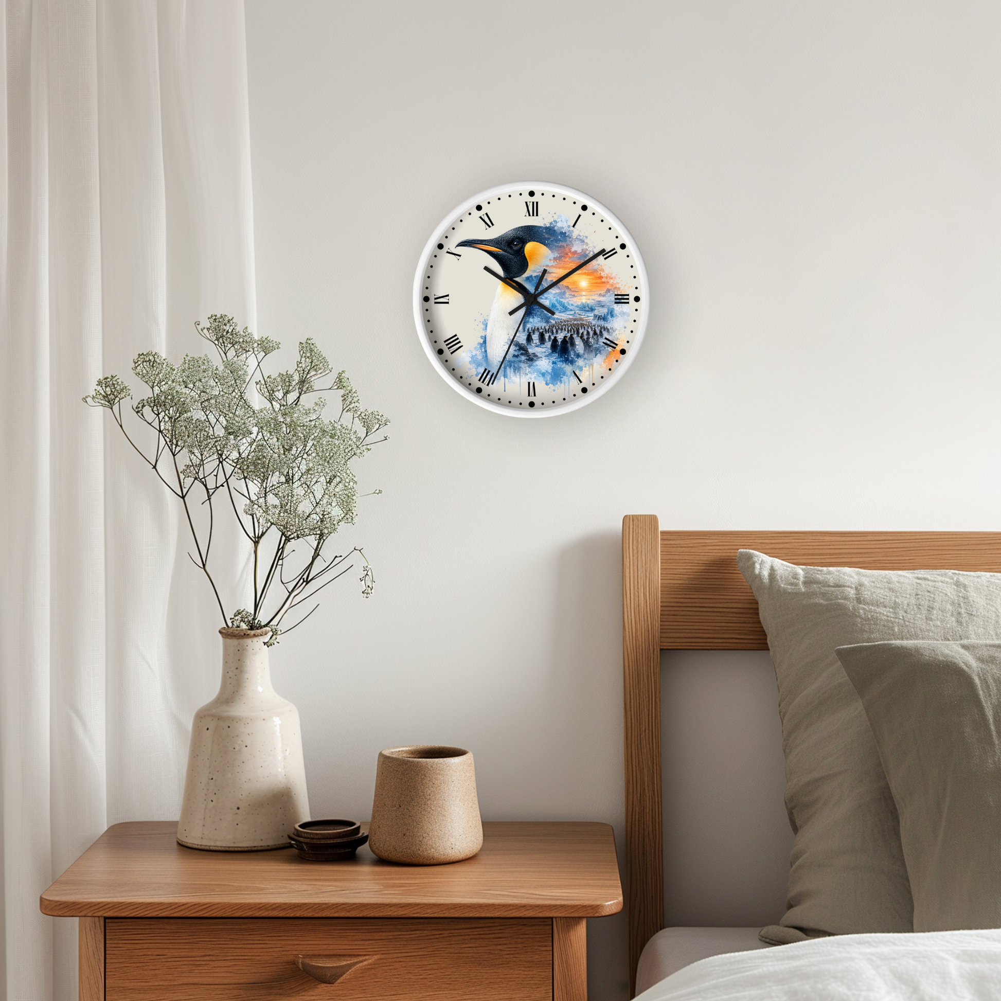 A round wall clock with a colorful bird and landscape illustration hangs on a light gray wall above a wooden bedside table in a bedroom setting.