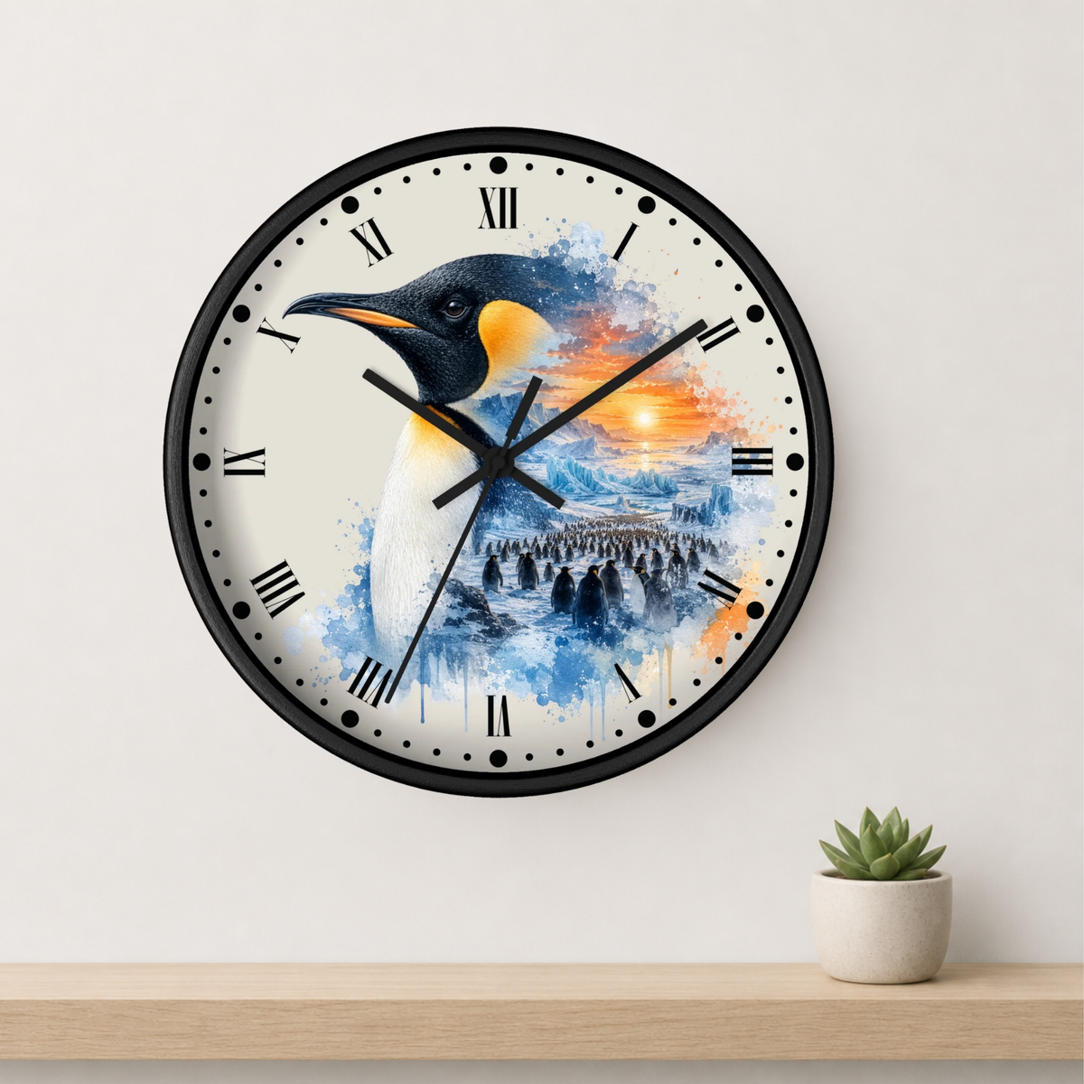 King Penguin Sunset Wall Clock — Arctic Animal Scenic Decor