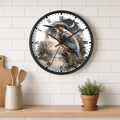 Kingfisher Moon Wall Clock — Rustic Bird Nature Decor