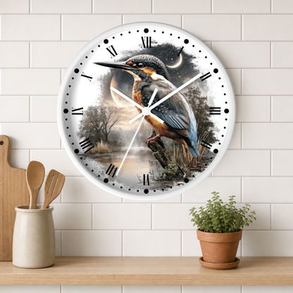 Kingfisher Moon Wall Clock — Rustic Bird Nature Decor