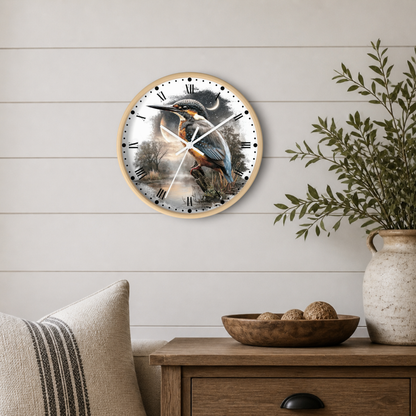 Kingfisher Moon Wall Clock — Rustic Bird Nature Decor