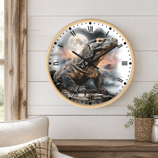 Round wall clock with a light wood frame featuring a detailed illustration of a large Komodo dragon under a full moon, mounted on a white shiplap wall above a wooden console table with a plant and part of a sofa visible.