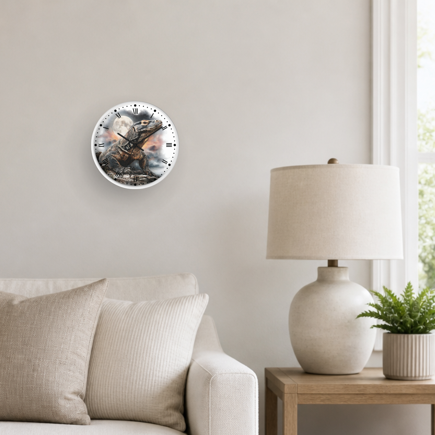 A round wall clock with a detailed  illustration of a Komodo dragon hanging on a light beige wall in a modern living room setting next to a lamp and sofa.