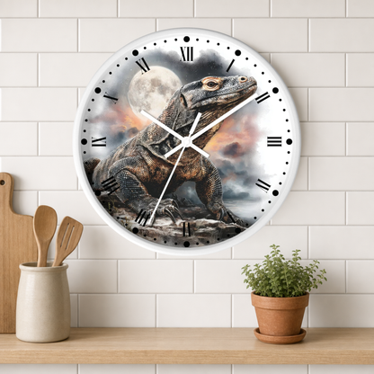 A round wall clock with a white frame and Roman numerals, featuring a detailed illustration of a large lizard under a full moon on the face. The clock is mounted on a white subway-tile wall above a wooden shelf with a small potted plant and wooden utensils.