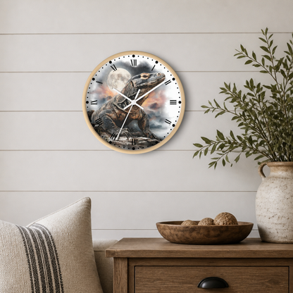 A round wall clock with a light wood frame hangs on a white shiplap wall above a wooden side table. The clock face features a detailed illustration of a lizard under a full moon.