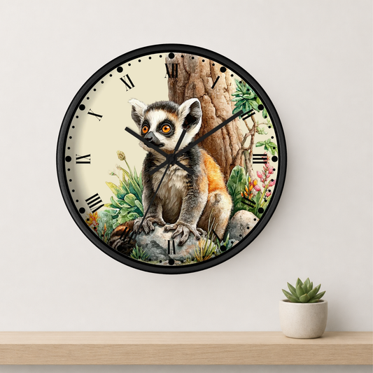 A round wall clock with a black frame and a detailed illustration of a ring-lemur sitting in front of a tree trunk, mounted on a white wall above a light wood shelf with a small potted succulent.