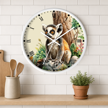 A round wall clock with a white frame and a detailed illustration of a lemur sitting in front of a tree, displayed on a white subway tile wall above a wooden shelf with a small potted plant and wooden utensils.