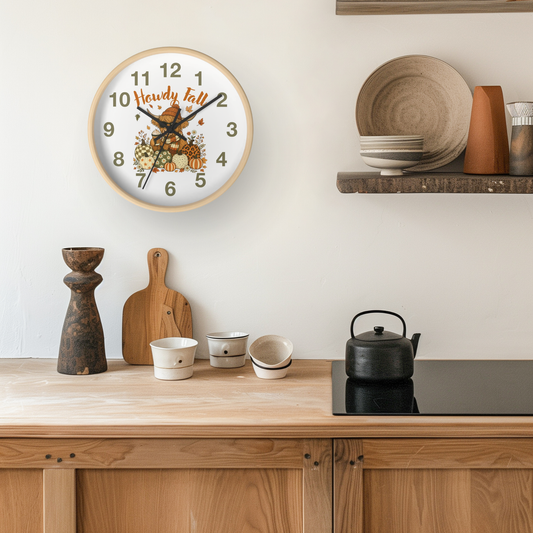 A round wall clock with a light wood frame hangs on a white wall above a wooden kitchen counter. The clock face is white with black Arabic numerals, orange script text reading 'Heardy Fall,' and a fall harvest illustration with pumpkins and leaves.