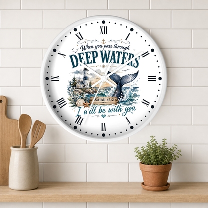A round white wall clock with Roman numerals and a nautical illustration featuring a lighthouse, sea turtle, and the words 'DEEP WATERS' and 'ISAIAH 43:2', shown hanging on a white subway tile wall above a wooden shelf with a small potted plant and utensils.