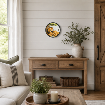 A round wall art print featuring a watercolor  lion family illustration, displayed on a white shiplap wall above a wooden console table in a styled living room.