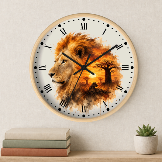 A round wall clock with a light wood frame and Roman numerals, featuring a watercolor-style lion and savanna scene in warm orange, brown, and gold tones. The clock is mounted on a light beige wall above a shelf with stacked books and a small potted succulent.