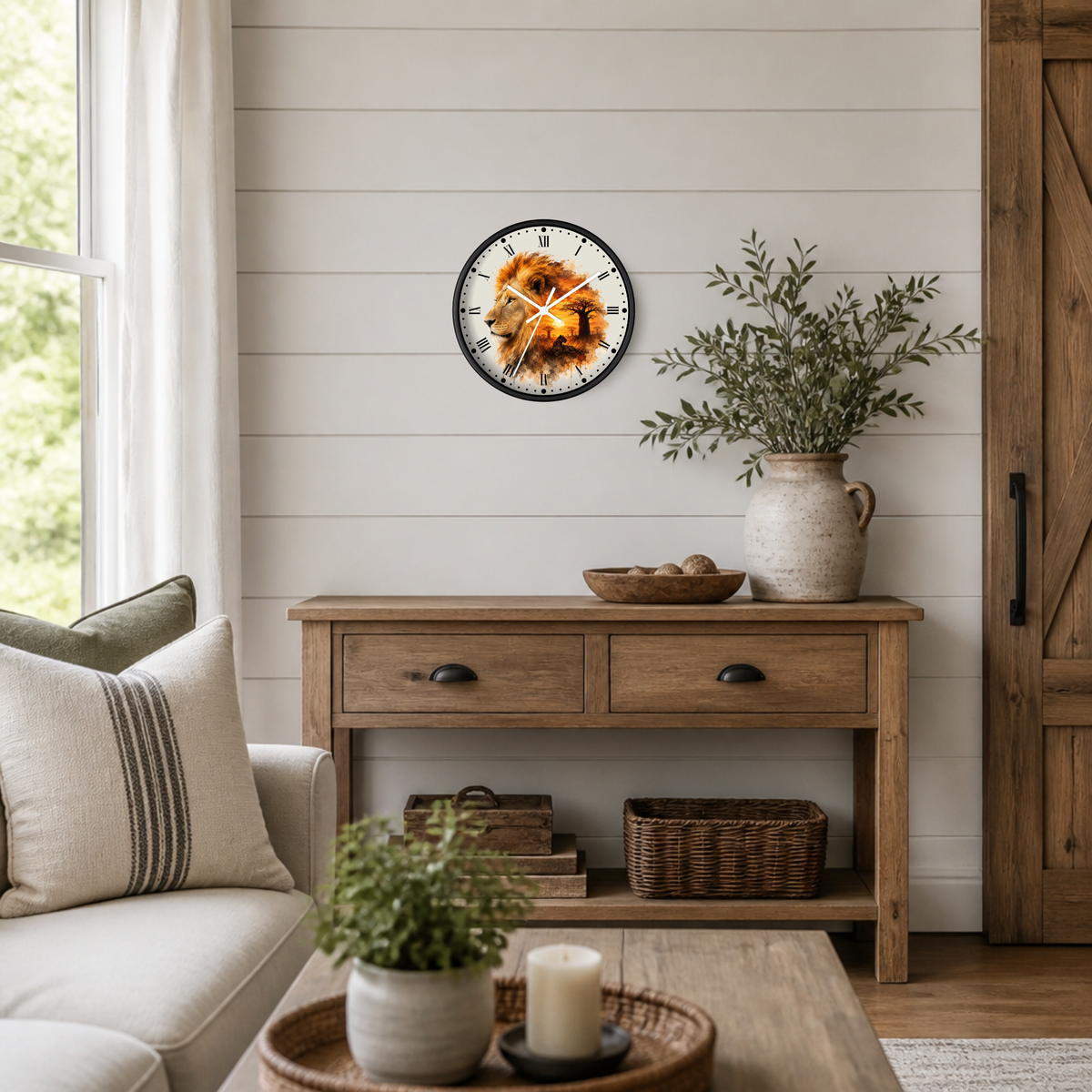 A round wall clock with a rustic lion print and black frame hangs on a white shiplap wall above a wooden console table in a styled living room.