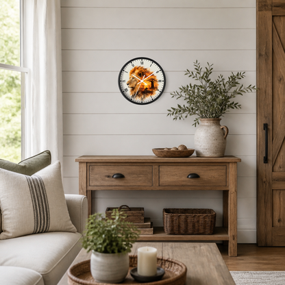 A round wall clock with a rustic lion print and black frame hangs on a white shiplap wall above a wooden console table in a styled living room.