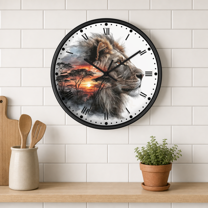 A round wall clock with a black frame hangs on a white subway-tile wall above a wooden shelf. The clock face features a detailed lion portrait over a savanna sunset scene.