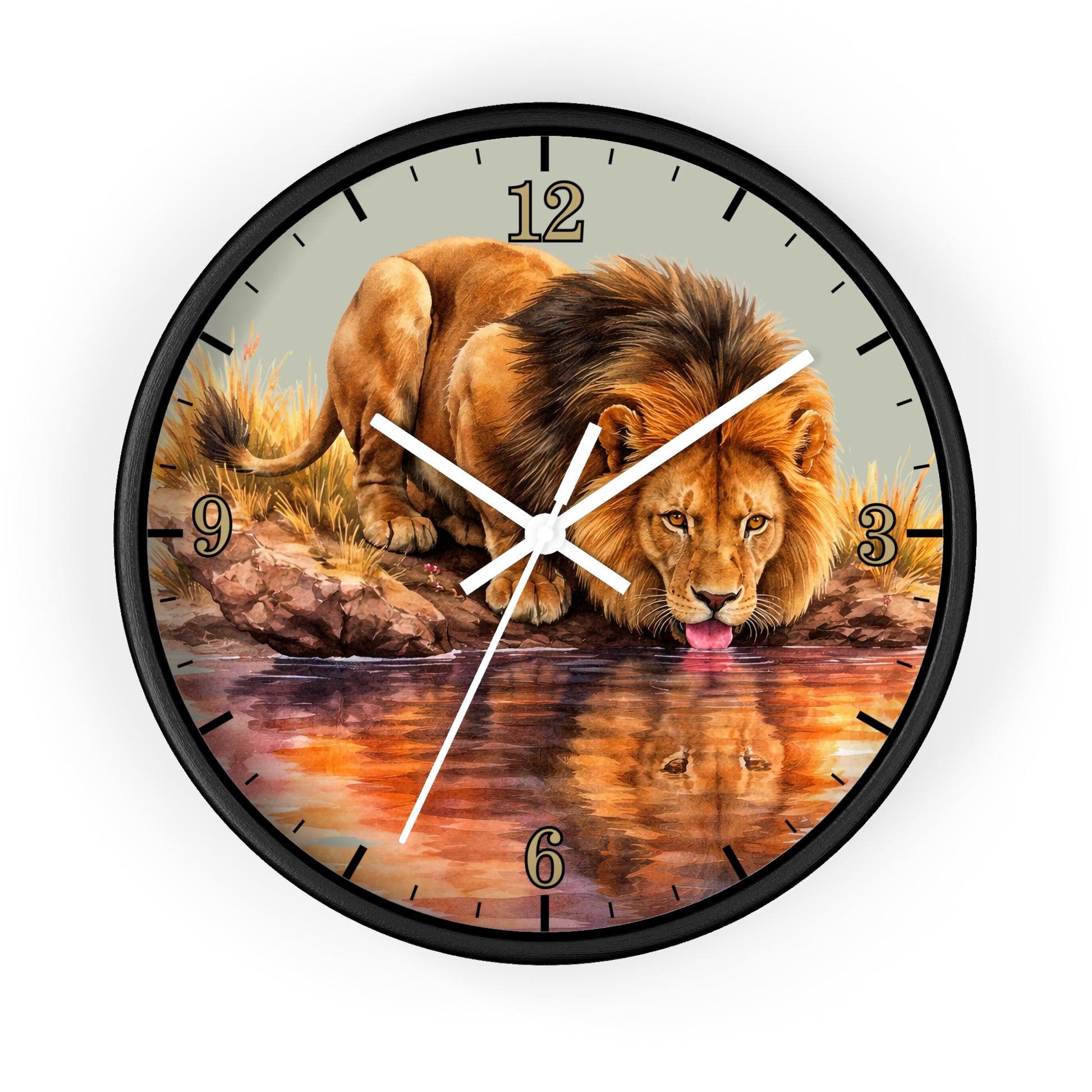 Round wall clock with a black frame and a printed lion drinking from water on the face, with gold Arabic numerals and white clock hands on a white background.