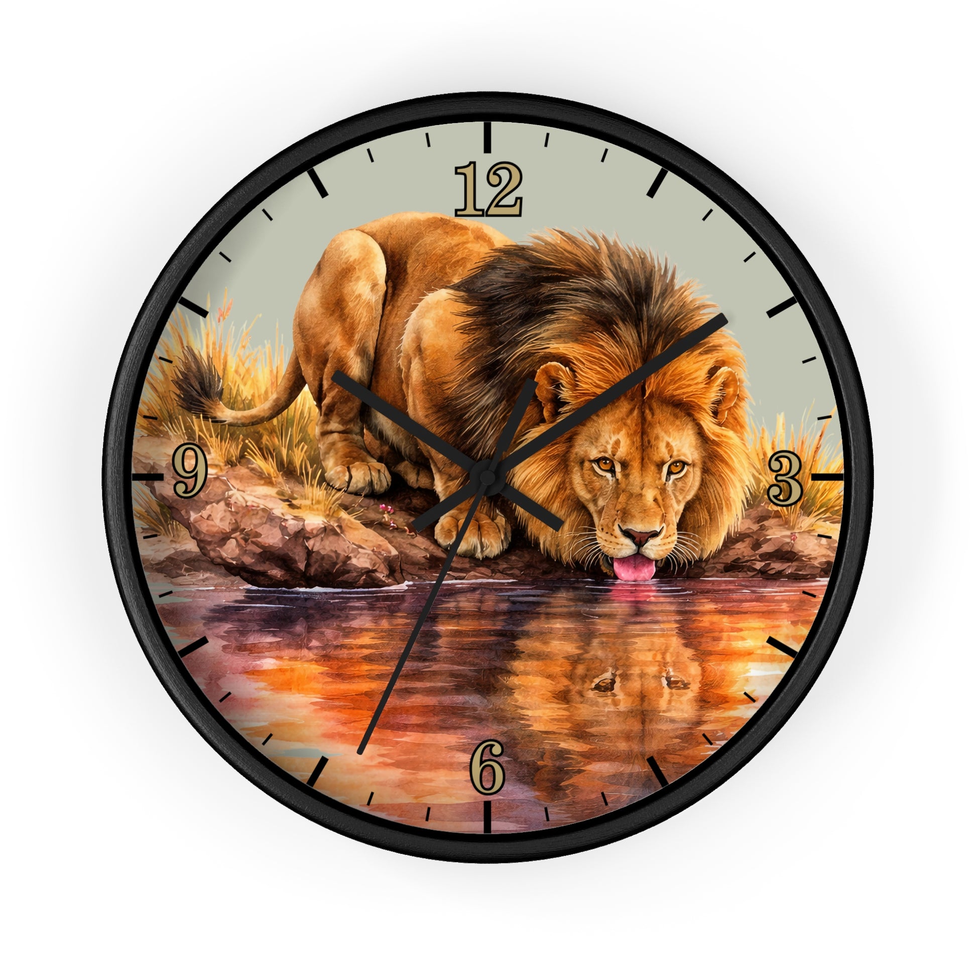 A round wall clock with a black frame and a printed lion drinking from water on the face, shown against a plain white background.