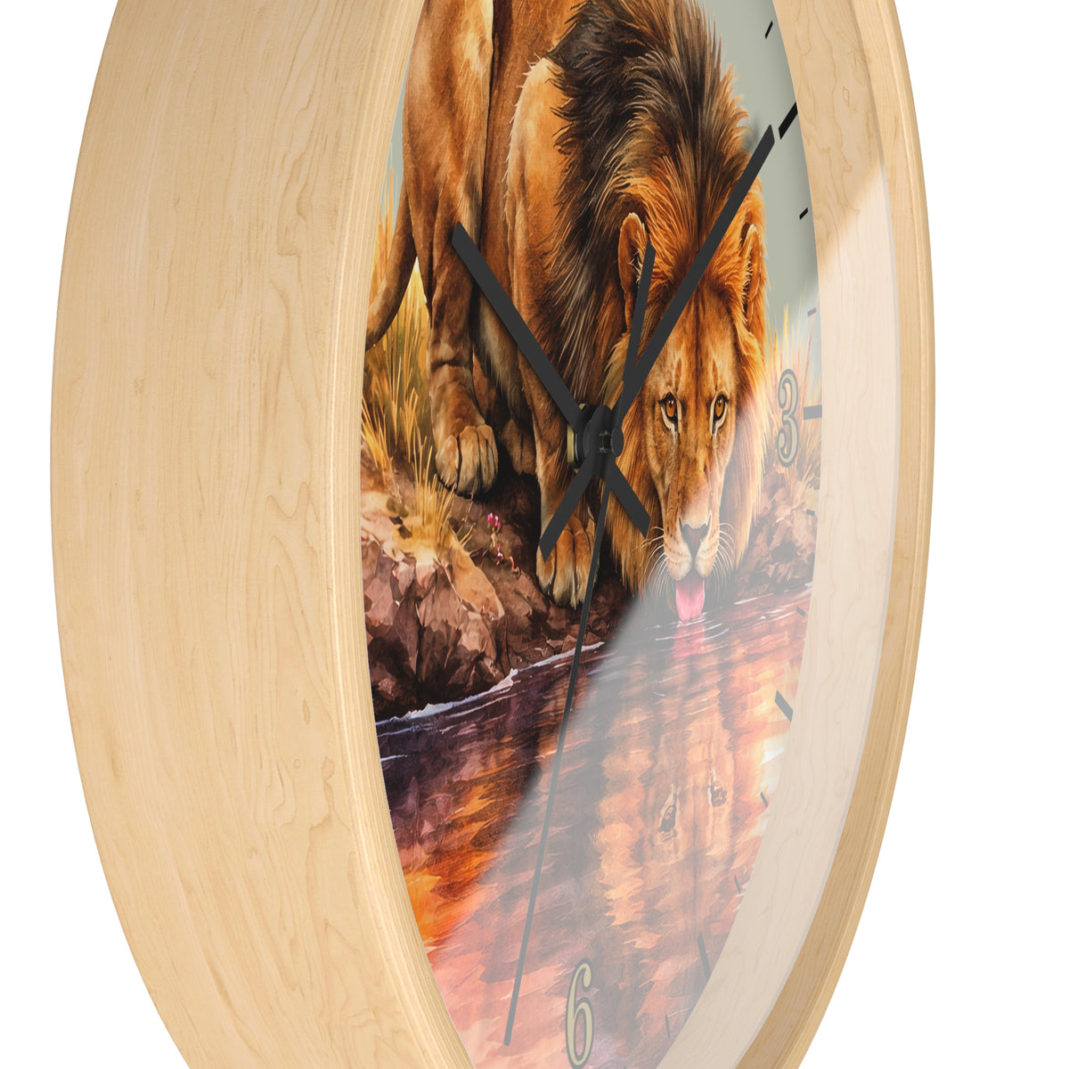 Round wall clock with a light natural wood frame and a printed lion artwork on the face, shown against a plain white background.