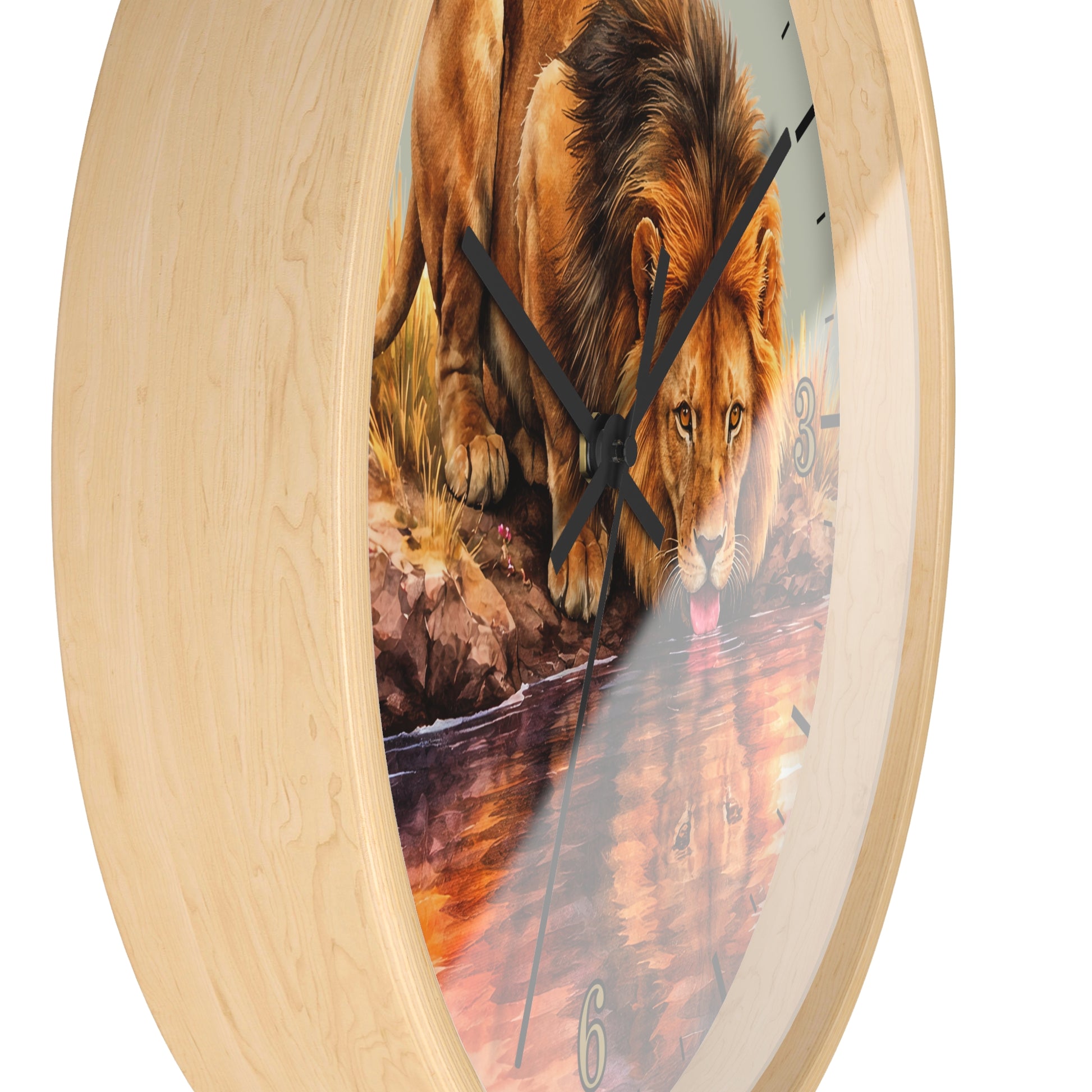 Round wall clock with a light natural wood frame and a printed lion artwork on the face, shown against a plain white background.