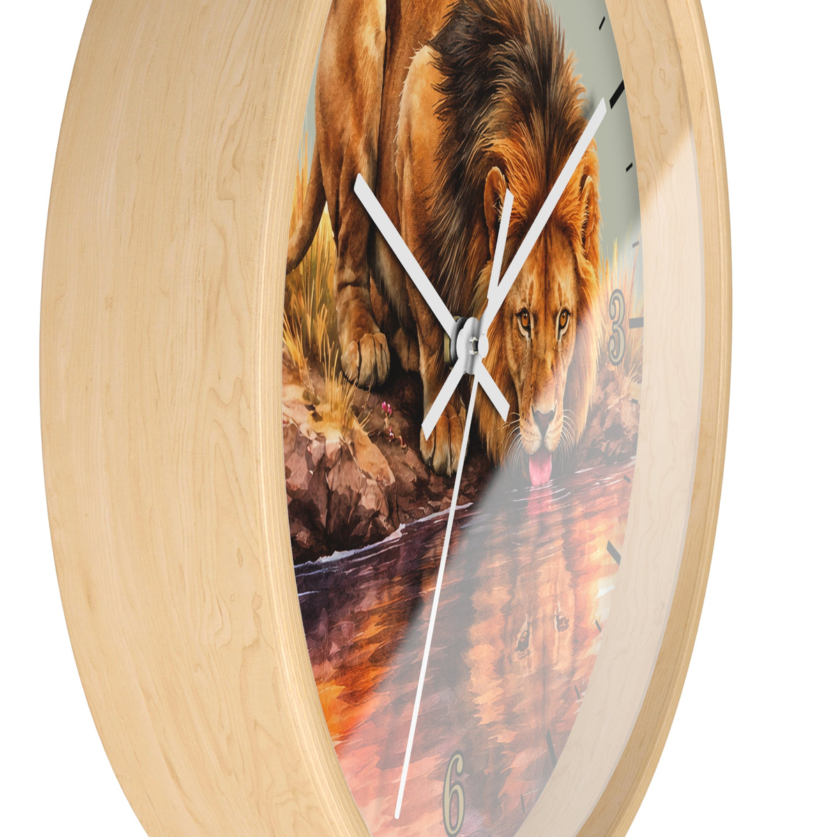 Round wall clock with a light natural wood frame and a printed lion scene on the face, with white hands and black numerals, shown against a plain white background.