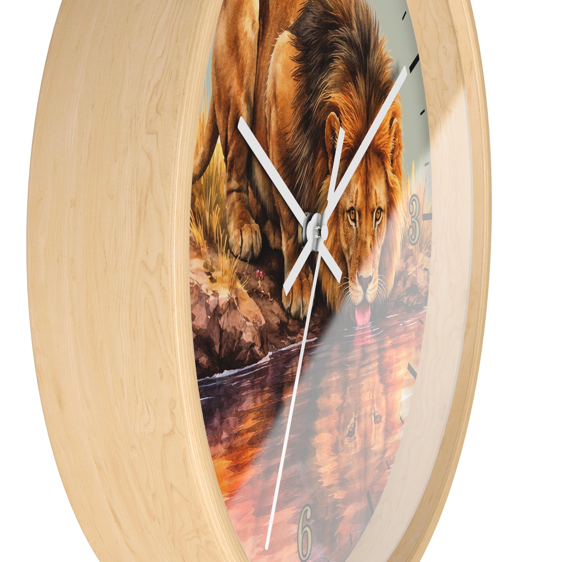 Round wall clock with a light natural wood frame and a printed lion scene on the face, with white hands and black numerals, shown against a plain white background.