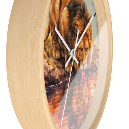 Round wall clock with a light natural wood frame and a printed lion scene on the face, with white hands and black numerals, shown against a plain white background.