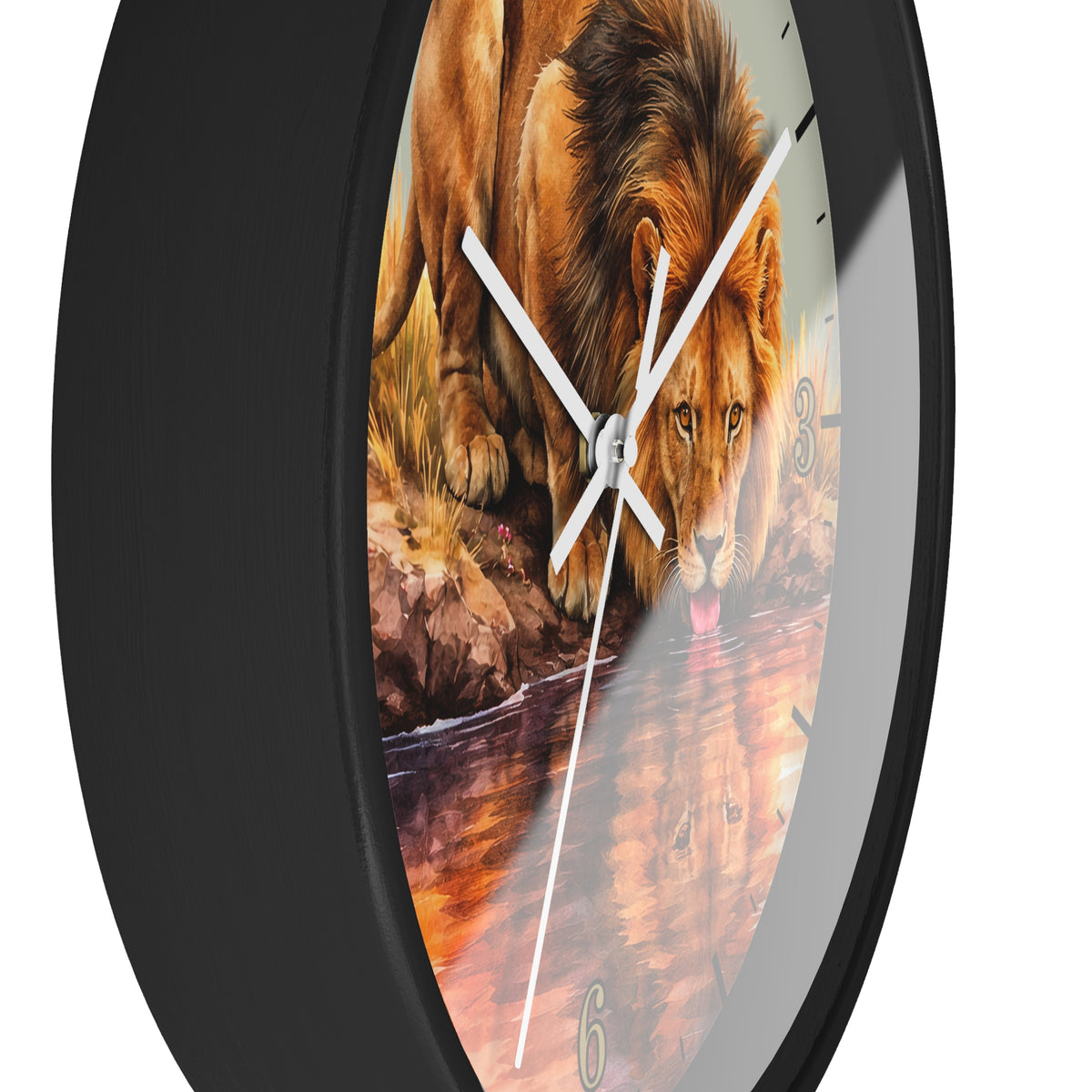 A round wall clock with a black frame and a printed lion scene on the face, photographed against a plain white background.