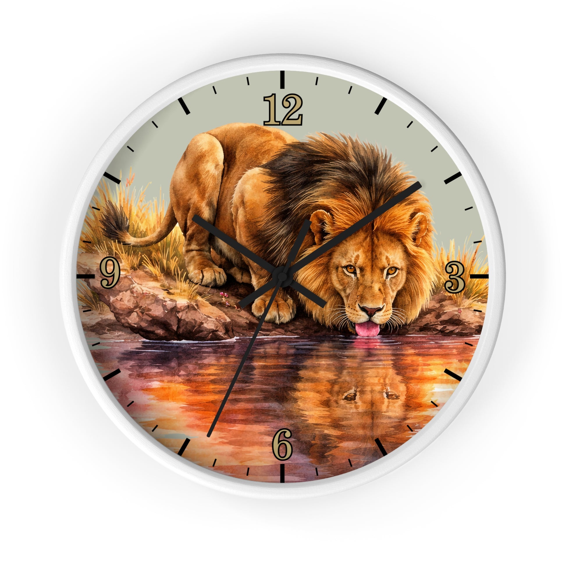 A round wall clock with a white frame and a printed illustration of a lion drinking water, with black Arabic numerals and clock hands on a white background.
