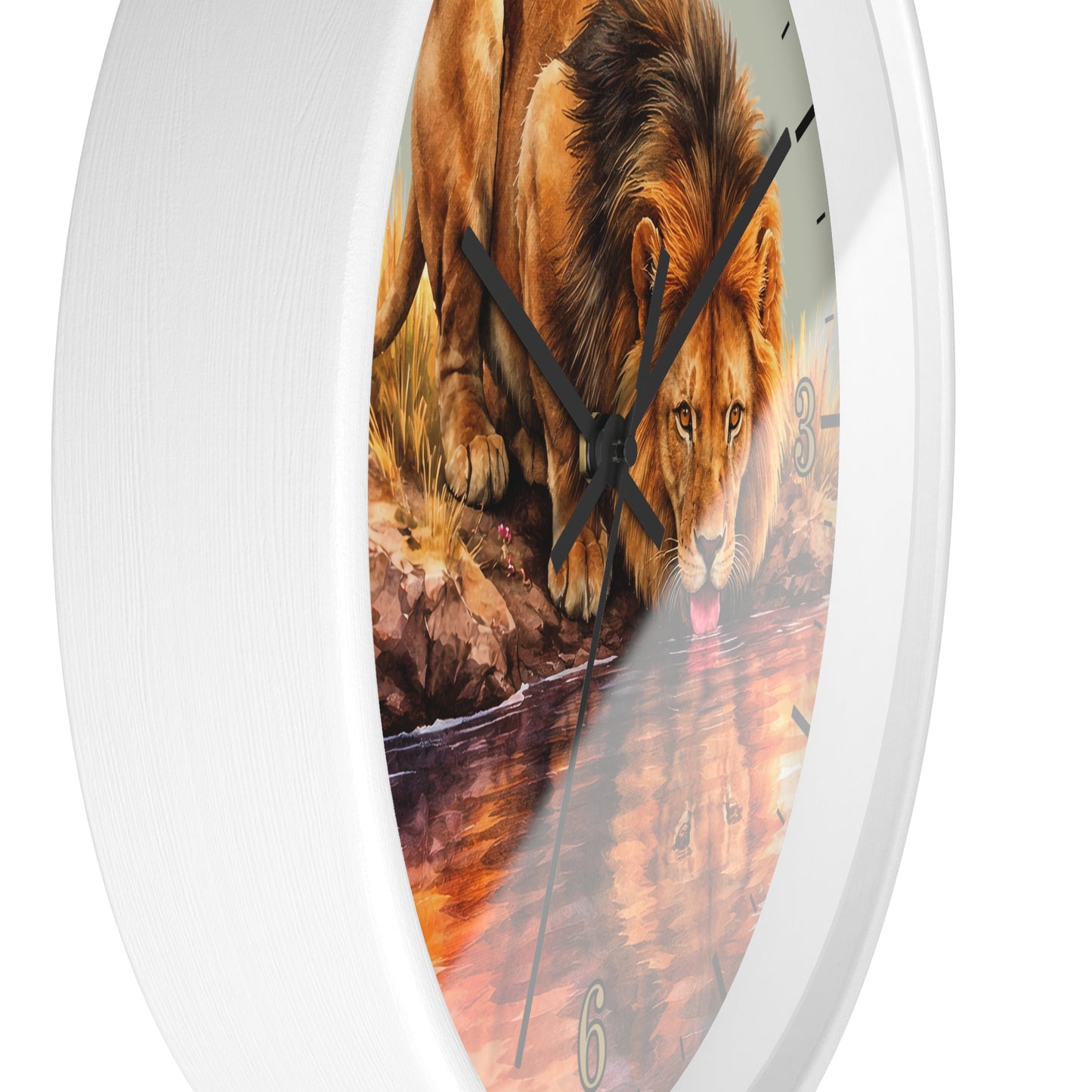 A white round wall clock with a printed lion and water scene on the face, shown against a plain white background.