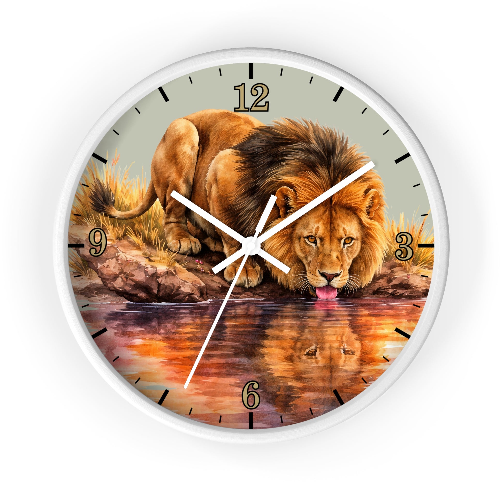 Round wall clock with a white frame and a printed lion drinking water design on the face, with black Arabic numerals and white clock hands on a white background.