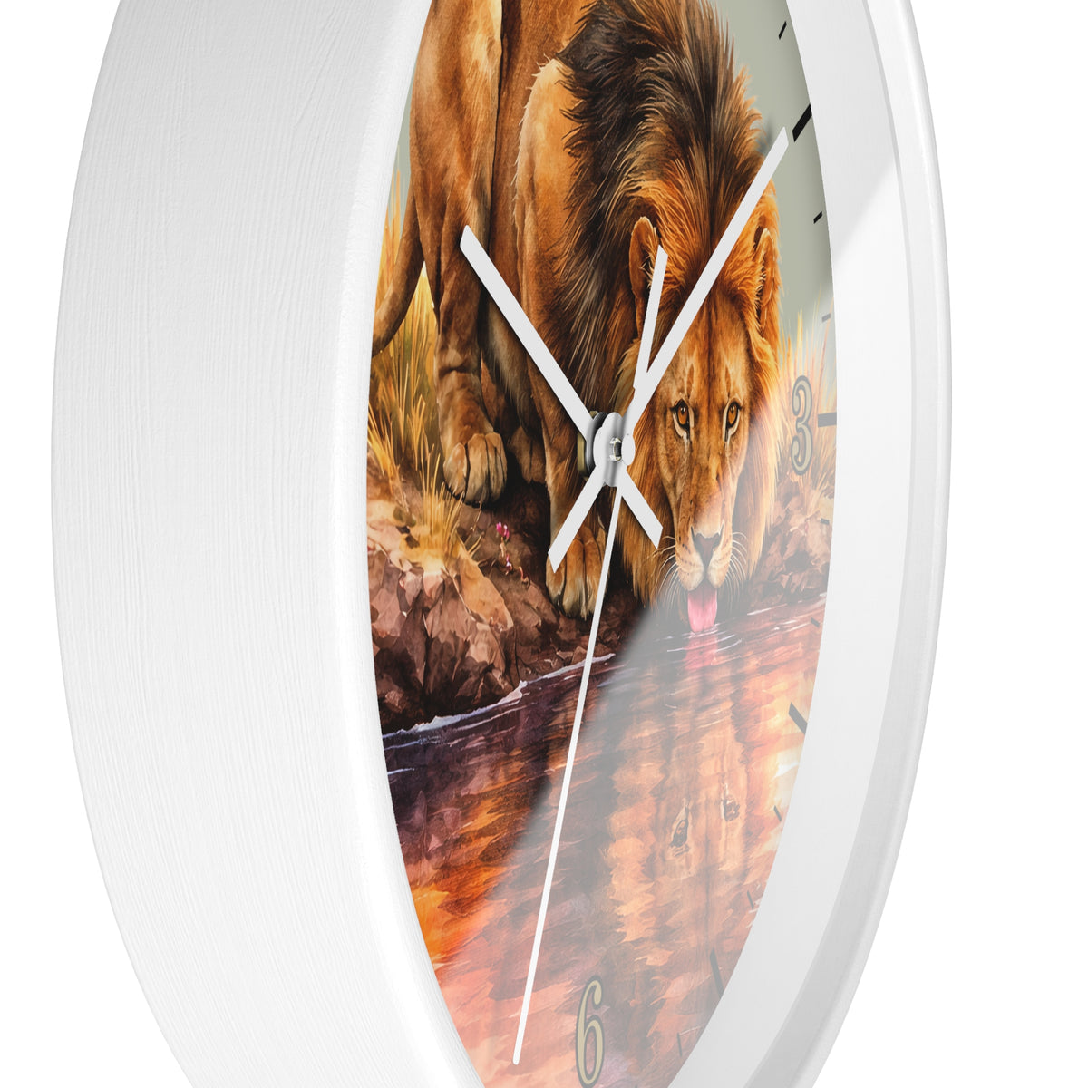 A round wall clock with a white frame and a printed lion scene on the face, showing a large brown lion over reflective water with white hands and black numerals.