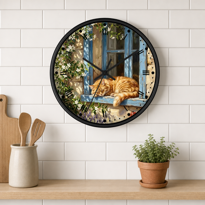 A round wall clock with a black frame hangs on a white subway tile kitchen wall above a wooden shelf. The clock face features a printed illustration of an orange tabby cat sleeping on a blue window sill surrounded by green leaves and white flowers.