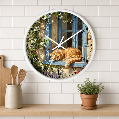 A round wall clock with a white frame hangs on a white subway-tile wall above a wooden shelf. The clock face features a detailed illustration of an orange tabby cat sleeping on a blue wooden window sill, surrounded by green ivy and white flowers.