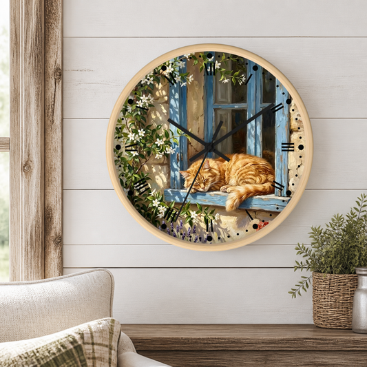 Round wall clock with a light wood frame, featuring an illustration of an orange tabby cat sleeping on a blue window sill surrounded by white flowers. The clock is mounted on a white shiplap wall above a wooden mantel with a small potted plant.