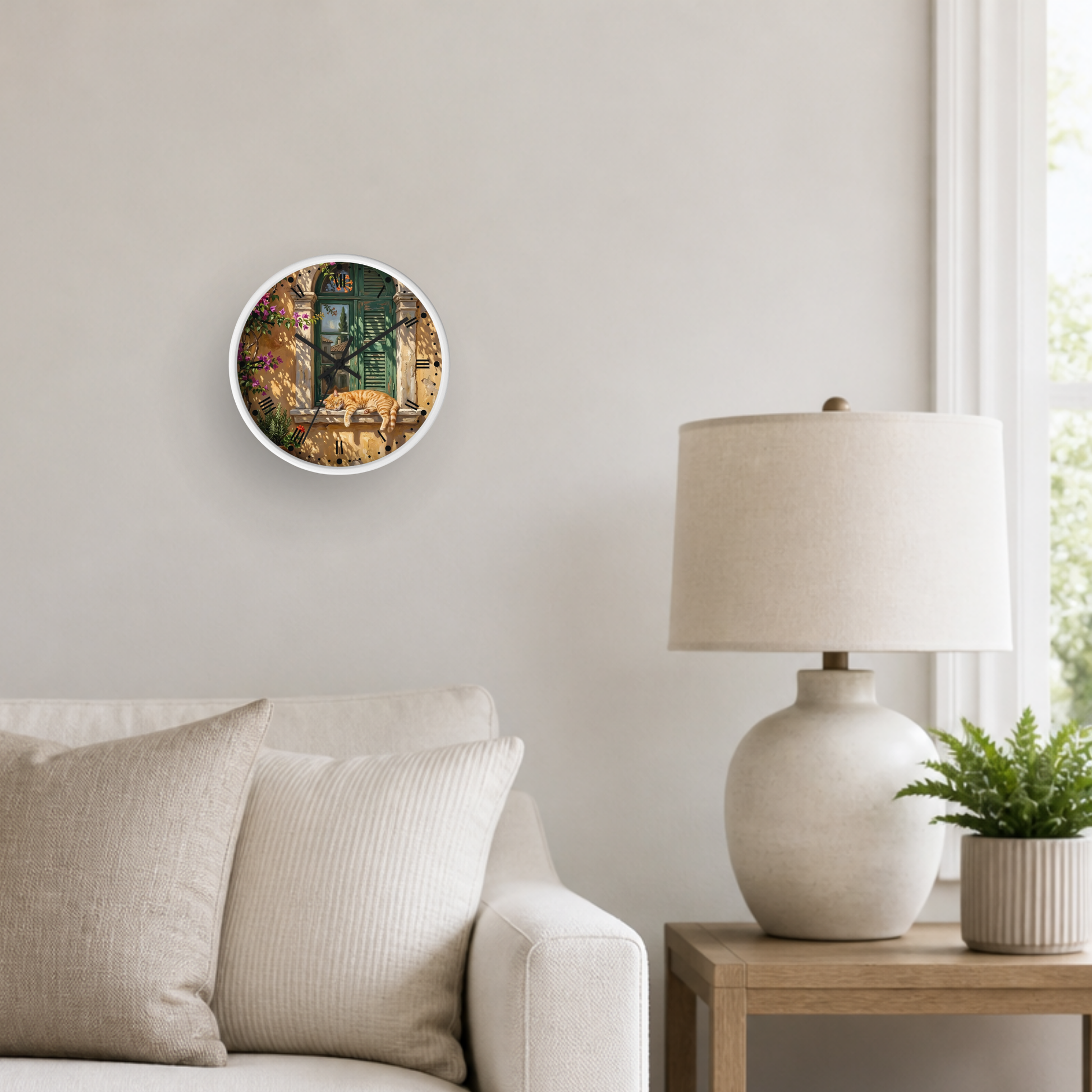 A round wall art print featuring a vintage illustration of an orang tabby cat sleeping in a window, displayed on a light gray wall above a beige sofa in a styled living room setting. 