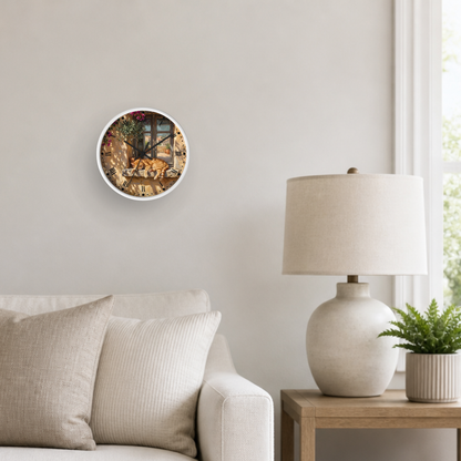 A round wall art print featuring a vintage illustration of an orange tabby cat sleeping in a window, displayed on a light gray wall above a beige sofa in a styled living room setting.