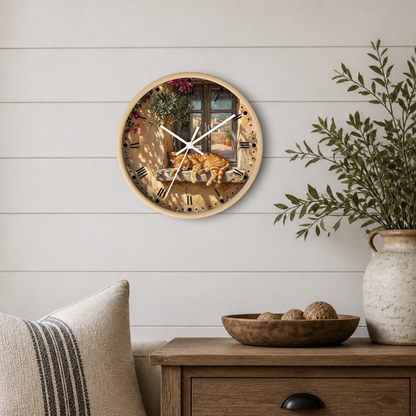 A round wall clock with a rustic window scene design hangs on a white shiplap wall above a wooden side table. The clock features a light wood frame, black Roman numerals, and white clock hands.