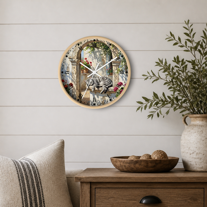 Round wall clock with a rustic outdoor tabby cat scene printed on the face, mounted on a white shiplap wall above a wooden side table with a plant and decorative bowl.