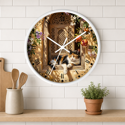 A round wall clock with a white frame hangs on a white subway-tile wall above a wooden shelf. The clock face features a printed illustration of a calico cat lounging in a sunlit wooden window frame, surrounded by flowers and Roman numerals.
